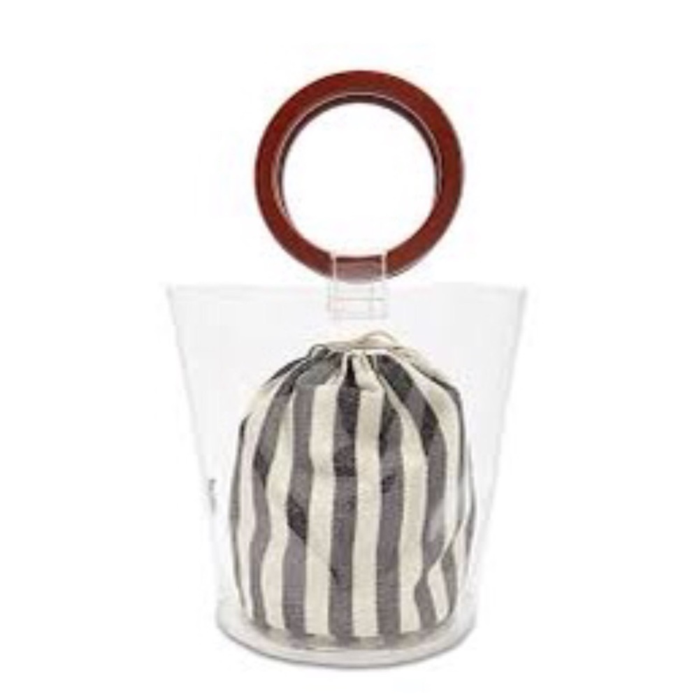 Forever21 Clear Plastic Wooden Handle Bag Striped drawstring Sack